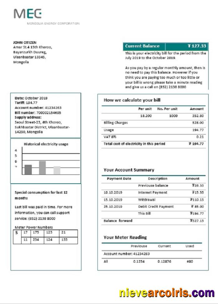 Mongolia Energy Corporation MEC electricity utility bill